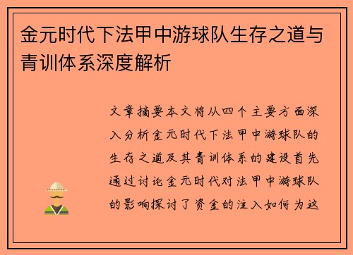 金元时代下法甲中游球队生存之道与青训体系深度解析