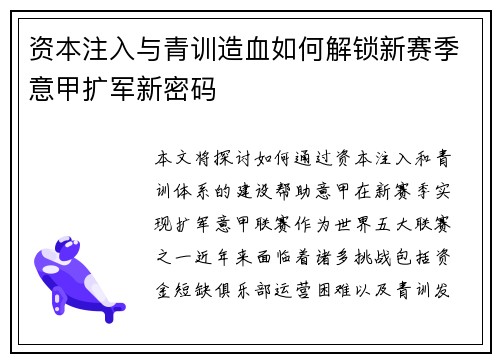 资本注入与青训造血如何解锁新赛季意甲扩军新密码