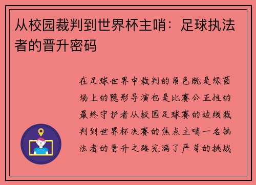 从校园裁判到世界杯主哨：足球执法者的晋升密码